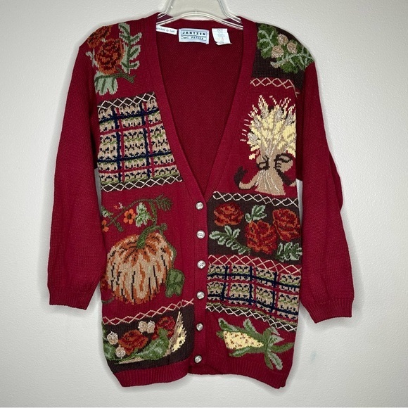 Vtg Jantzen Hand Embroidered Fall Autumn Design Knit Cardigan Women's Size MP‎ - Picture 1 of 6